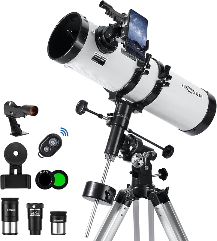 Koolpte 130EQ Reflector Telescope, 130mm Aperture, EQ Mount | 650mm focal length, manual equatorial mount, phone adapter, 2x Barlow lens, Moon filter, wireless remote