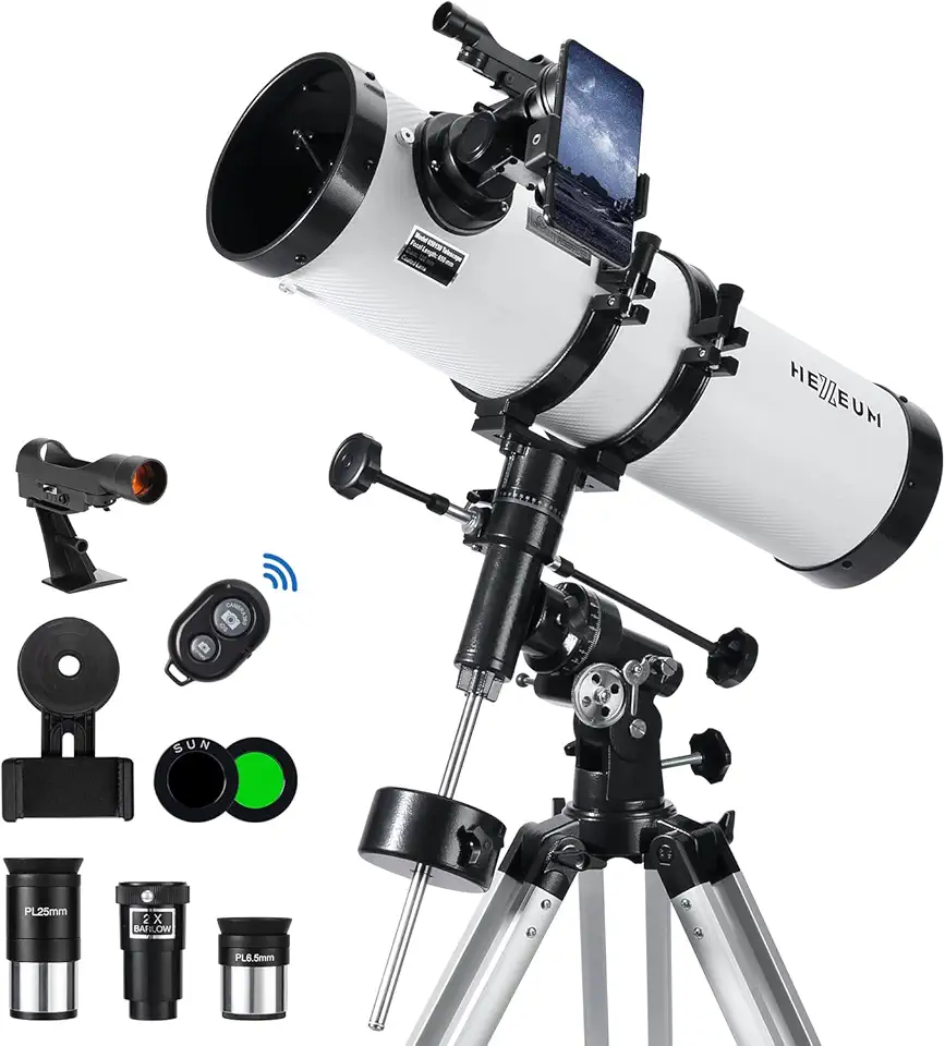 Telescópio refletor astronômico 130EQ - Telescópio equatorial manual para astronomia de adultos. Vem com 2 adaptadores de telefone com lente Barlow e filtro lunar, controle sem fio