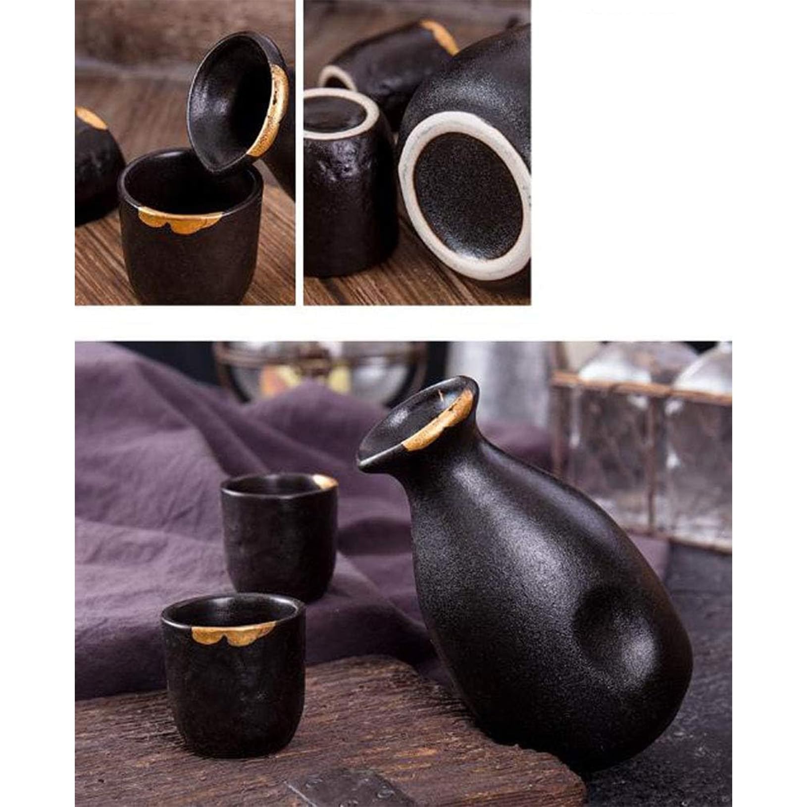 Set di 5 tazze da sakè giapponesi, dipinte a mano, in ceramica, per degustazione di vini casalinghi, colore nero