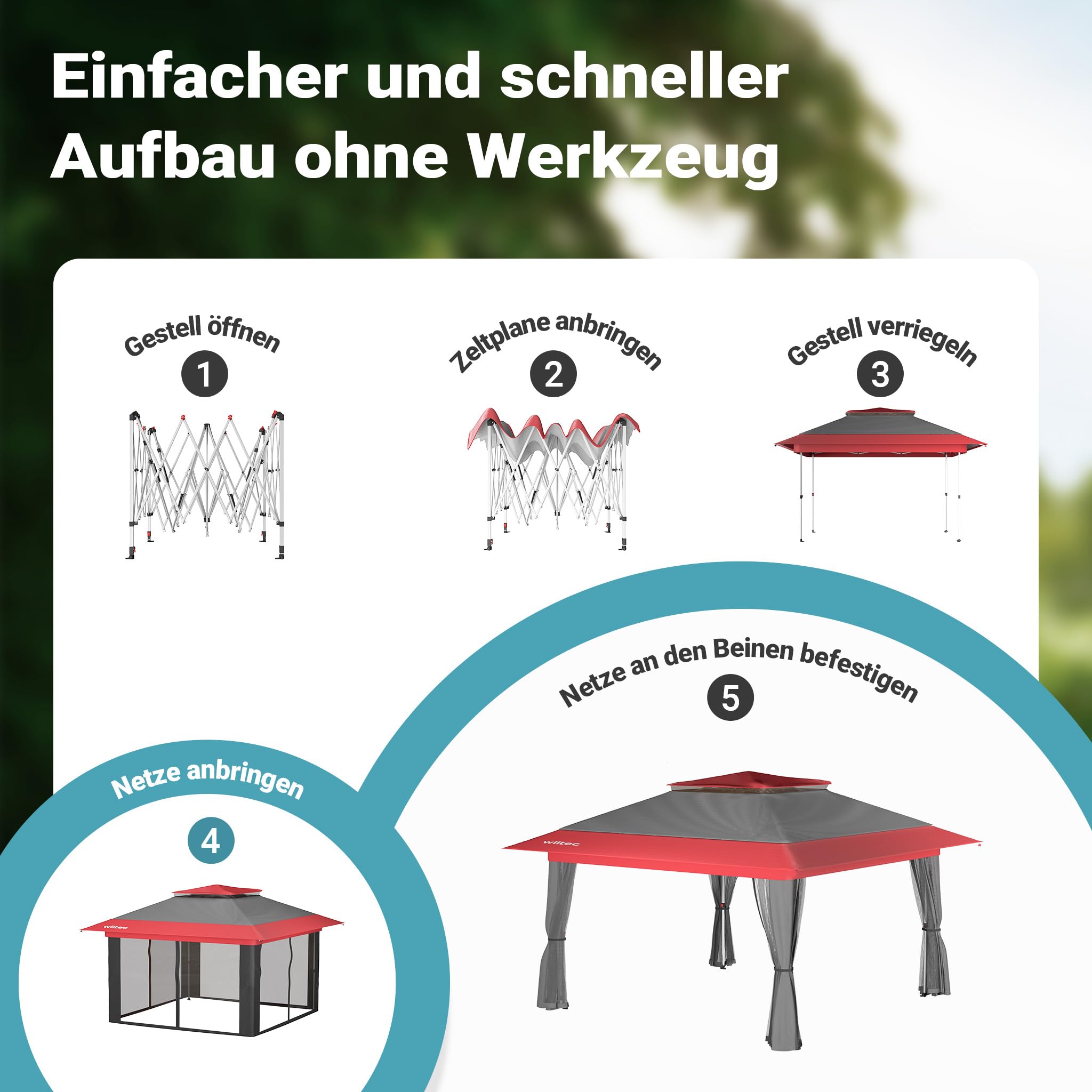Wiltec Faltpavillon Moskitonetz 3,92 x 3,92 m grau rot, Gartenpavillon mit Rädern und Mückennetz, Partyzelt mit One Push-Technik und verstellbaren Beinen