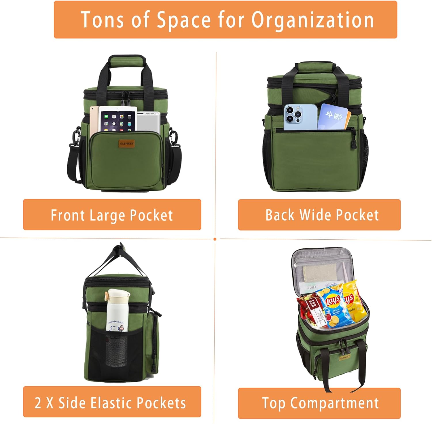 Expandable Large Insulated Lunch Box, Heavy Duty Lunch Cooler Bag Durable Leakproof Lunch Pail for Men Women Adults Work Shift Outdoor Picnic Camping Road Trip, 16L, Army Green, GLENKEY - Image 3