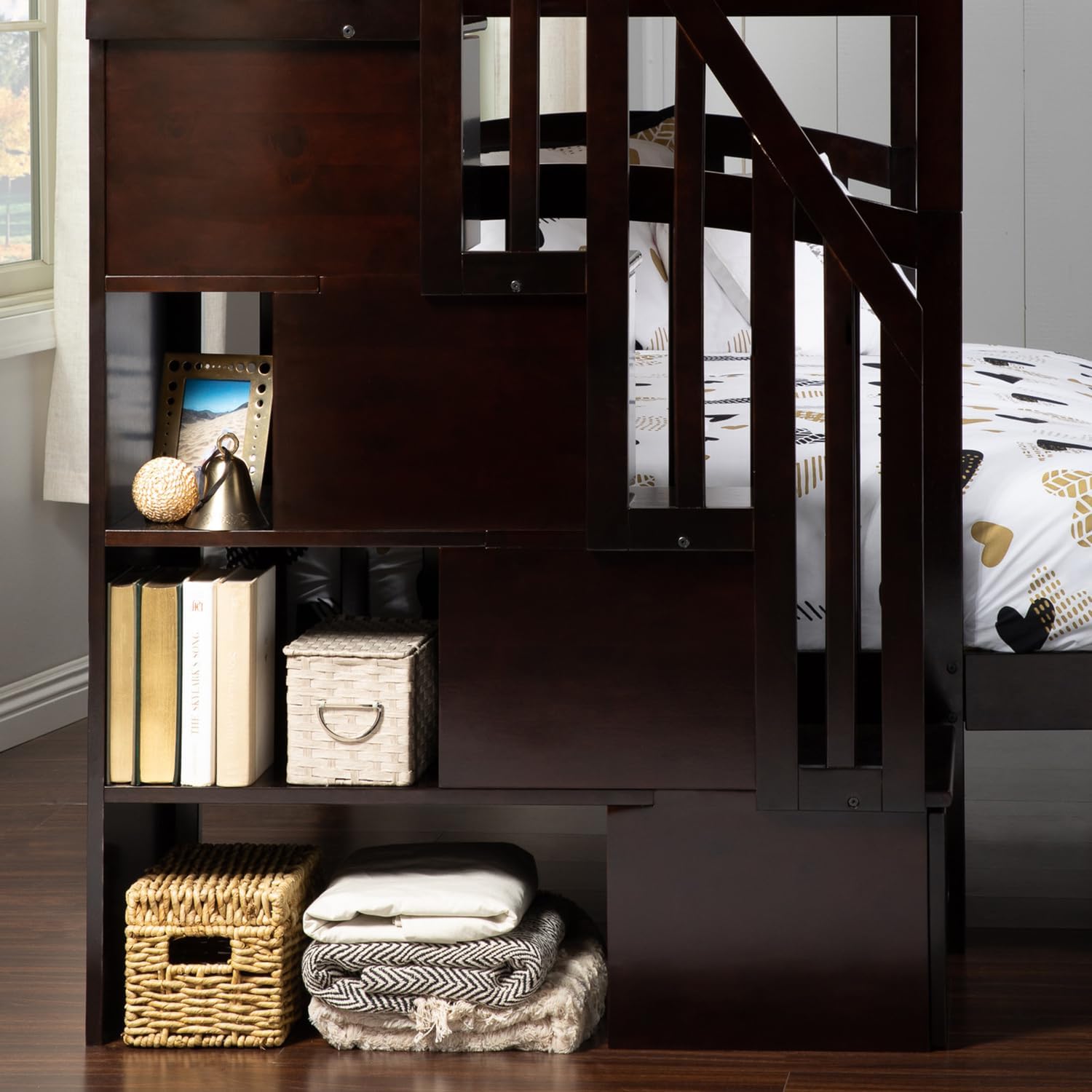 HomeStock Baroque Bliss Staircase Bunk Bed with Turbo Charger Space-Saving Design, Built-in Storage, Sturdy Frame Espresso/Twin Over Full