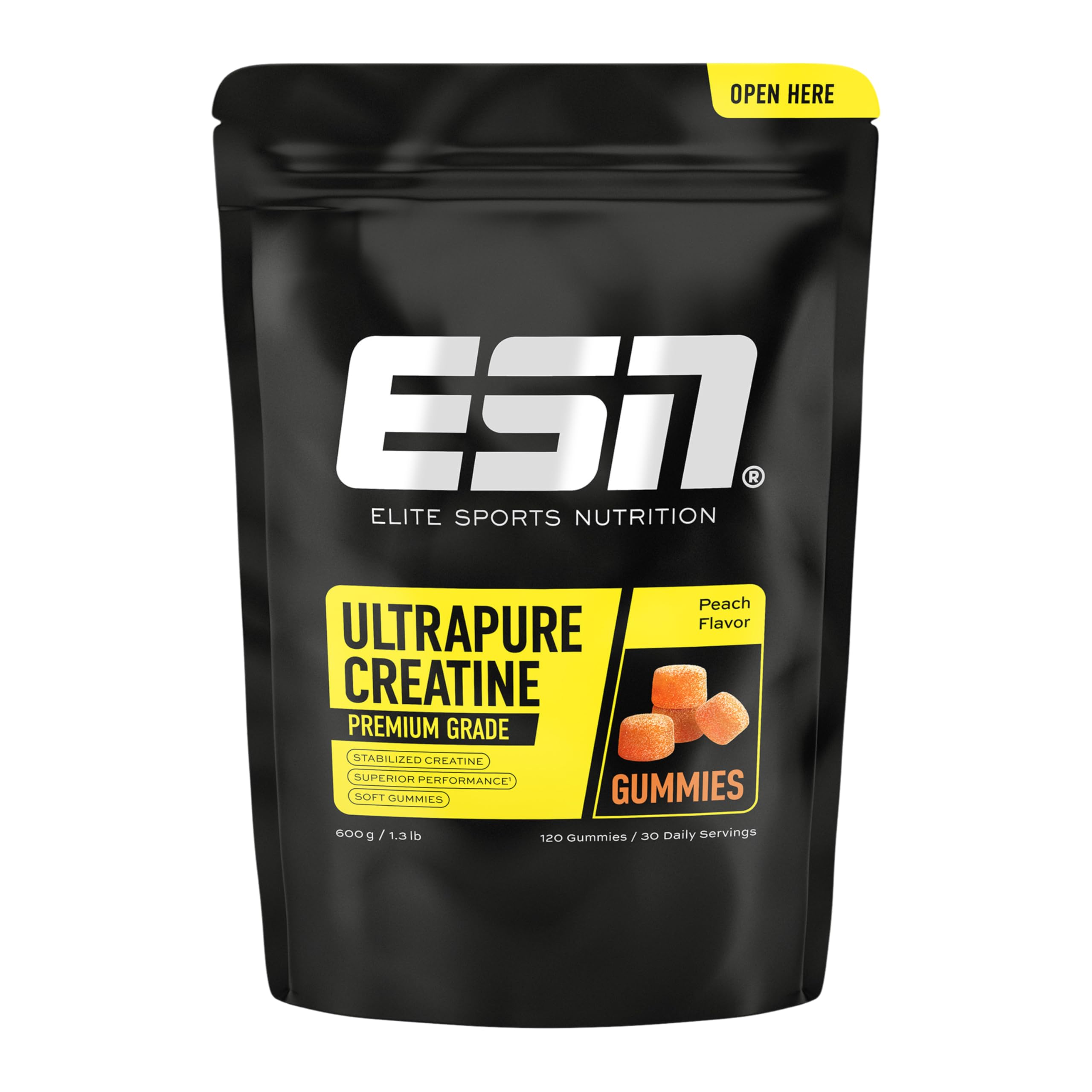 ESN Ultrapure Creatine Gummies, 120 Gummies, 30 Portionen, Peach, mit 3,4 g Kreatin Monohydrat pro Tagesportion