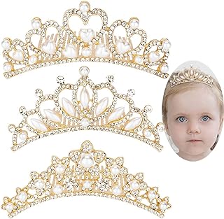 ANBALA Small Tiara Crown with Hair Comb, 3 Pack Mini Tiara Crown Princess Crystal Shiny Hair Accessories for 2 3 4 5 6 7 8 9 Years Girls Hair Dectoration Styling Cute Hair Accessories (Gold)