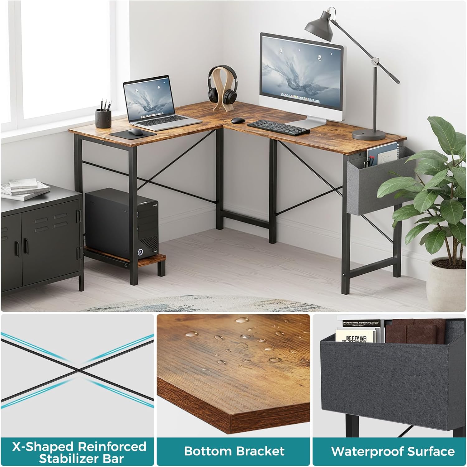 Close-up images showing the X-shaped reinforced stabilizer bar, waterproof desktop surface with water droplets, and the side storage bag of the OLIXIS L Shaped Desk.