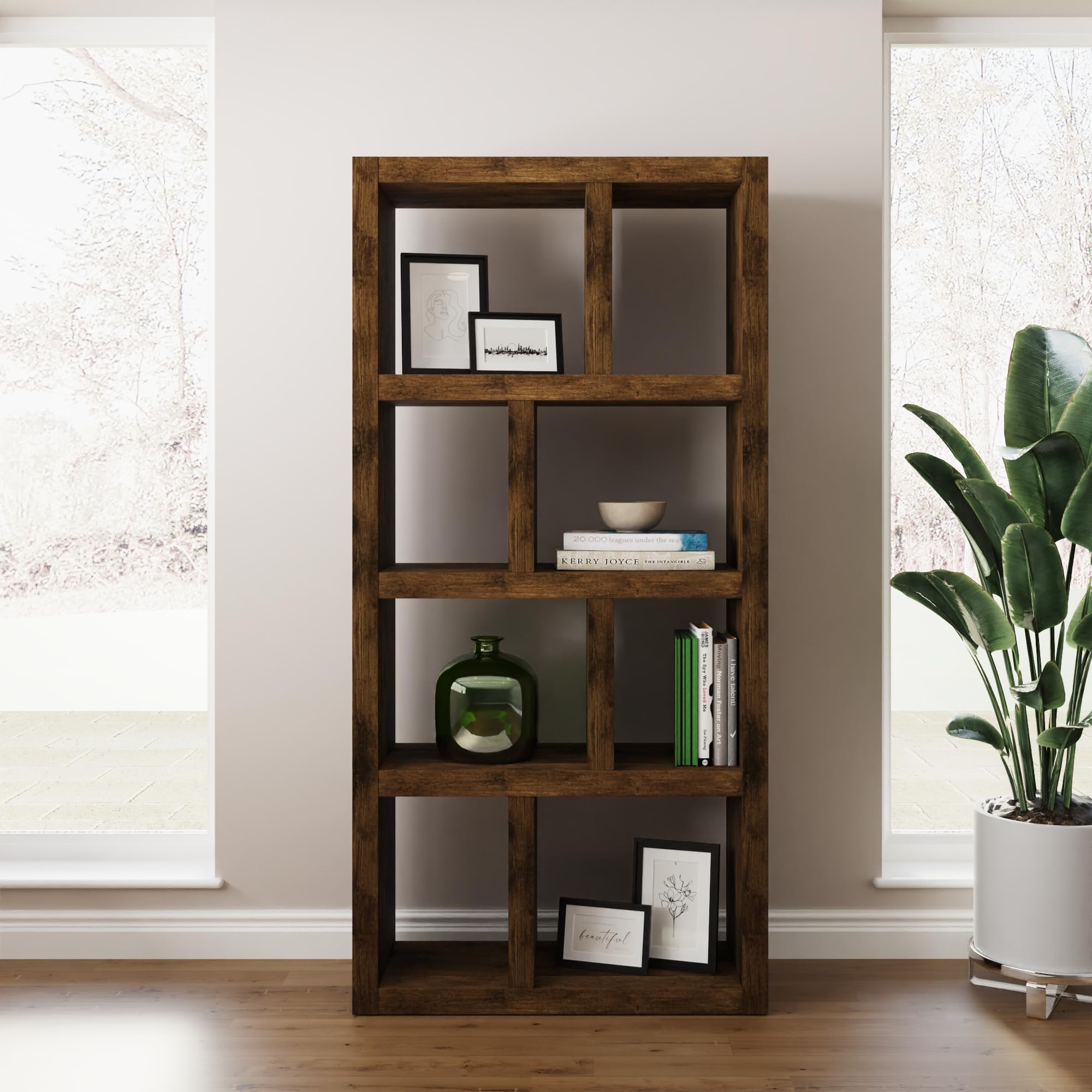GFW Jakarta Mango Wood Effect Tall Open Shelving Unit, Modern Bookcase Display Shelf with 8 Storage Cubes, Living Room Storage Furniture