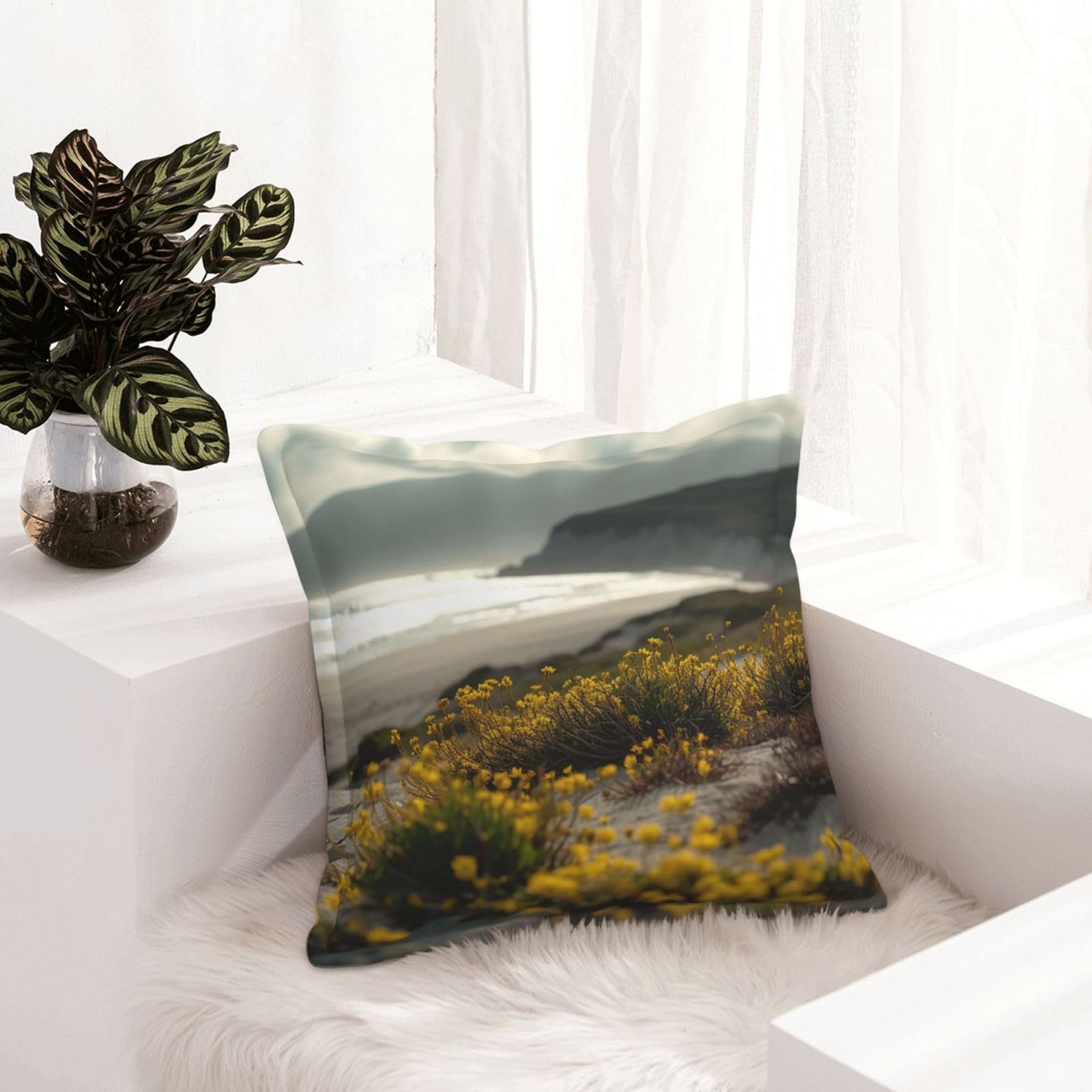Housse de coussin pour canapé salon décor ferme avec fleurs jaunes de plage