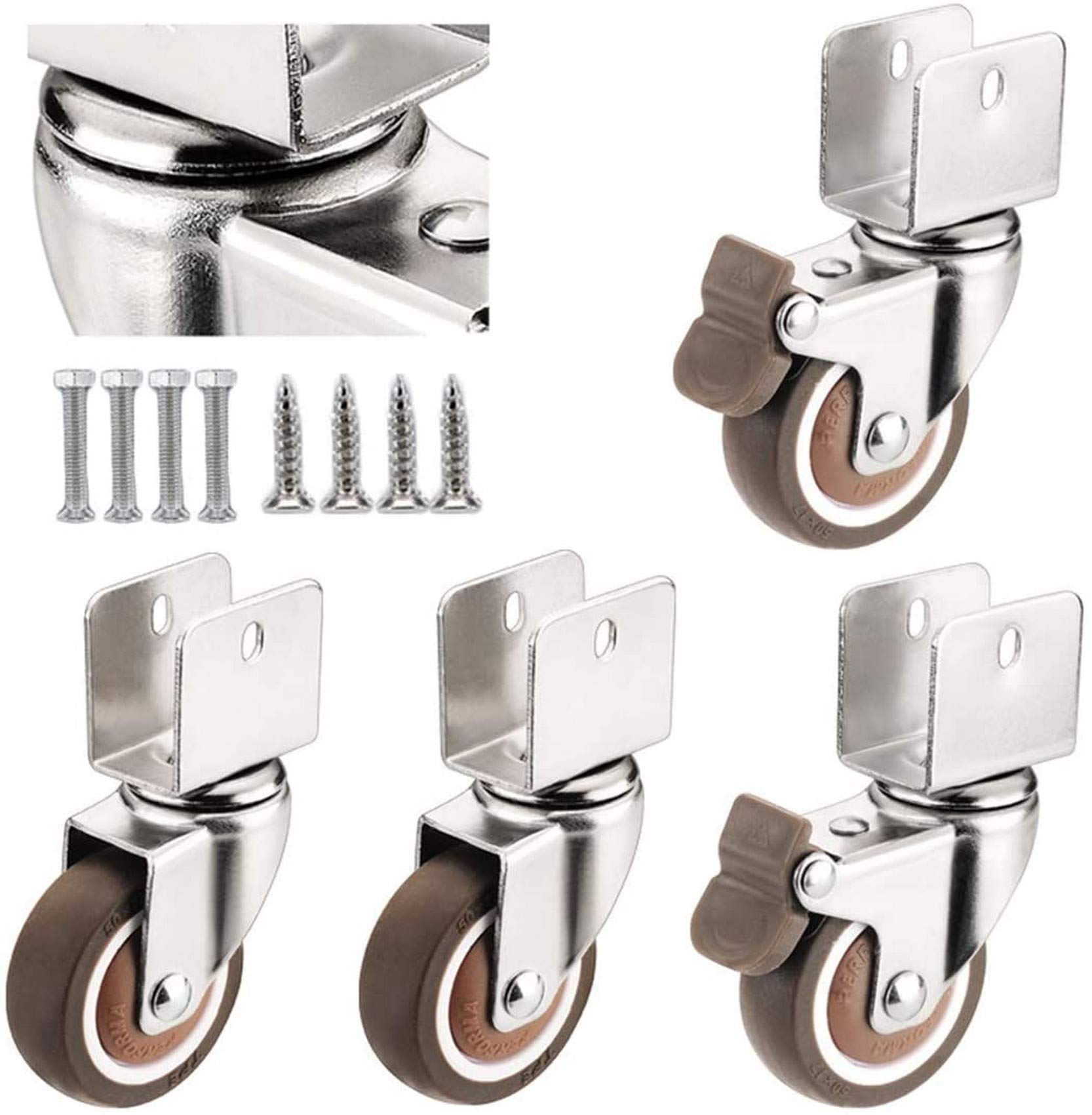 FZYE 2" Caster Wheels with Safety Dual Locking,50mm Small Rubber Castor Wheels with U-Shaped Bracket,Furniture Swivel Castors for Baby Bed,Load 75Kg,4Pcs,with Screw(Brake+universal18mm/0.7in)