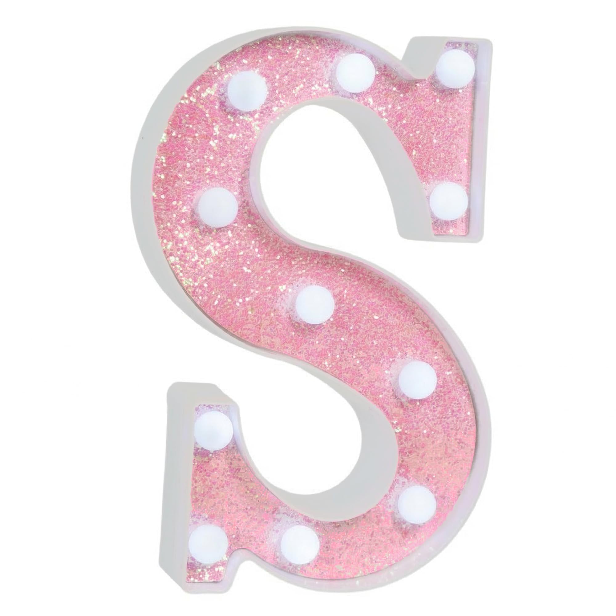 EUFONY Pink Glitter Marquee Light Up Letters, Battery Operated LED Letter Lights Signs for Pink Birthday Party Table Decorations, Wall Decor for Girls Bedroom, Initial Letter S with Cool White Lights