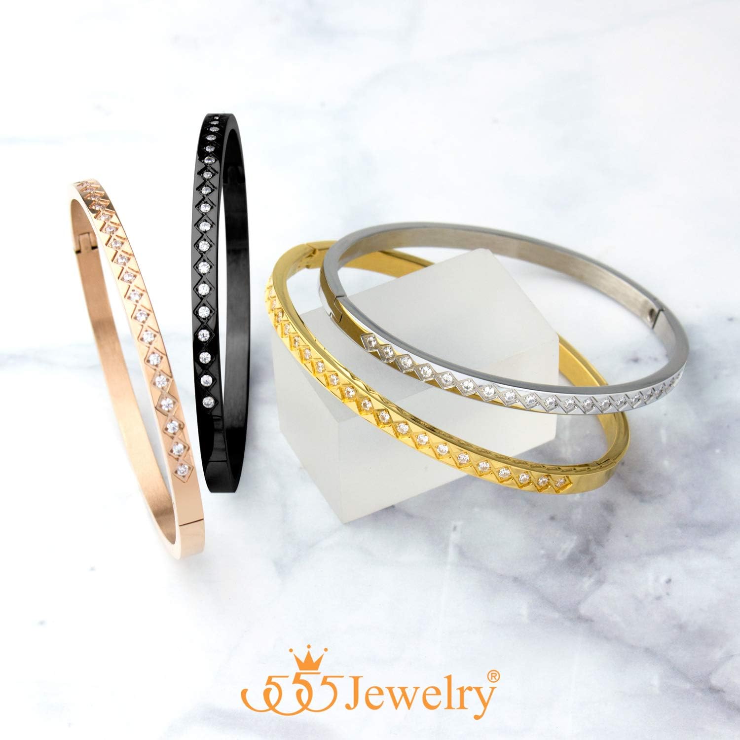 555Jewelry 4mm Sparkly CZ Stainless Steel Hinged Bangle Bracelet for Women - Image 5