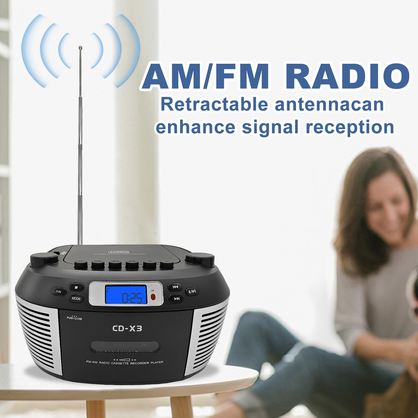 Tragbarer CD- & Kassettenplayer mit Fernbedienung – Inklusive FM/AM-Radio, USB-Wiedergabe, Bluetooth-Lautsprecher, Aufnahmefunktion und Netz-/Batteriebetrieb (Nicht inkl)