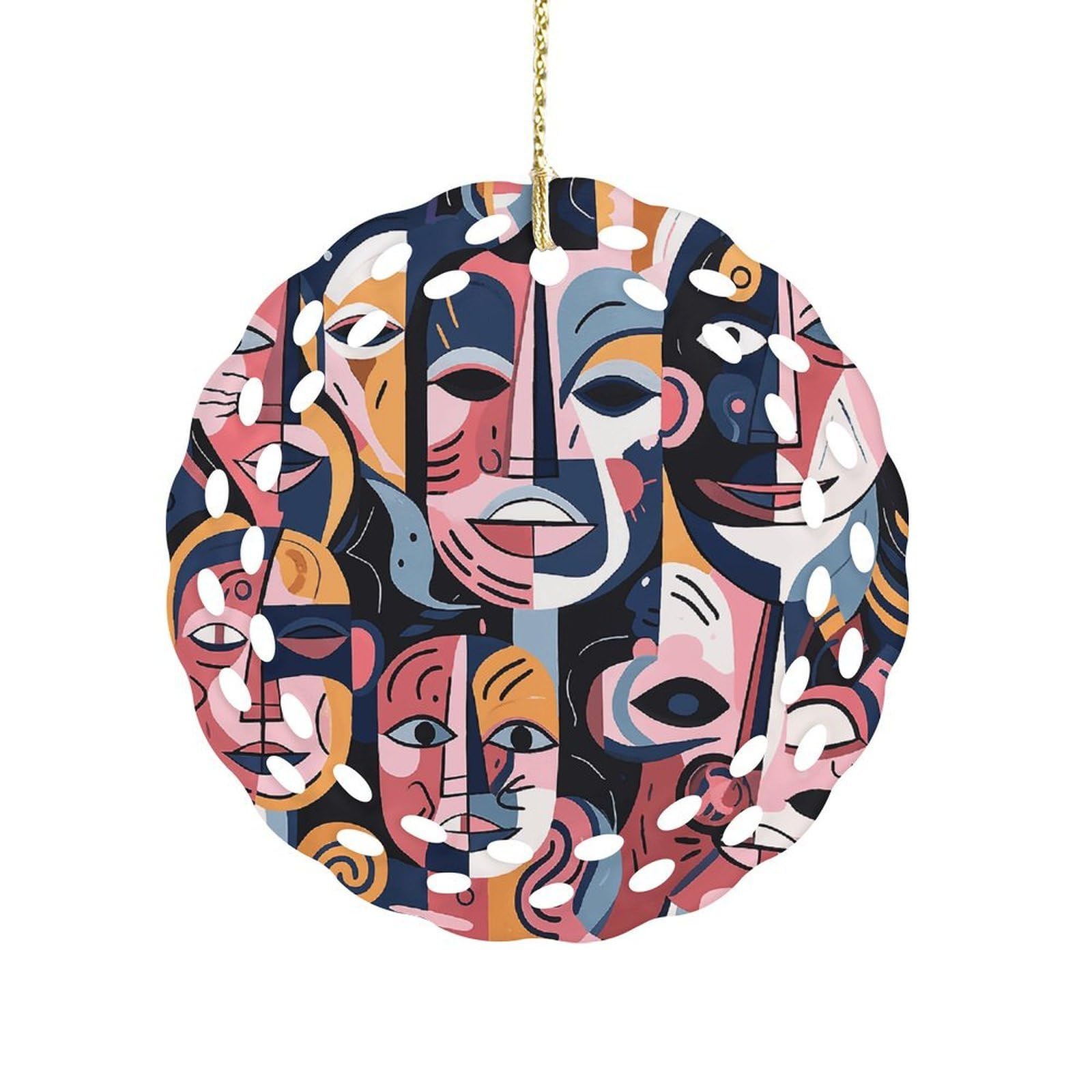 Btcowzrv Style Hand Drawn Human Faces Ceramic Ornament,Round Ornaments With Hole Easy To Hang,Hanging Ornament For Wedding Party Home Window Garden Christmas Day Decor