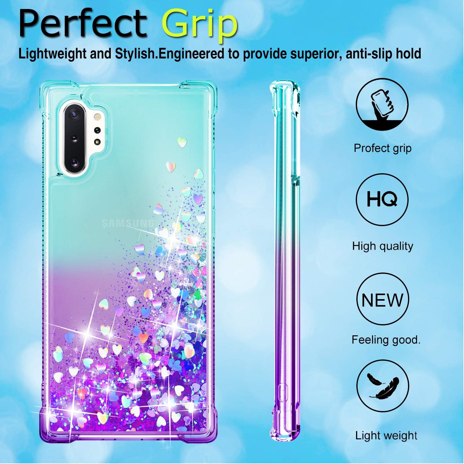 Gritup Galaxy Note 10 Plus Case, Galaxy Note 10+ 5G Case with HD Screen Protector for Girls Women, Cute Clear Gradient Glitter Liquid TPU Slim Phone Case for Samsung Galaxy Note 10 Plus Teal/Purple