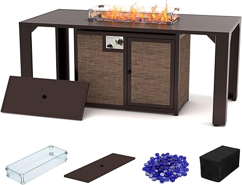 Mesa para fogata de 62.5 pulgadas, mesa de comedor de gas para exteriores, mesa de comedor de propano de 50,000 BTU para patio exterior con