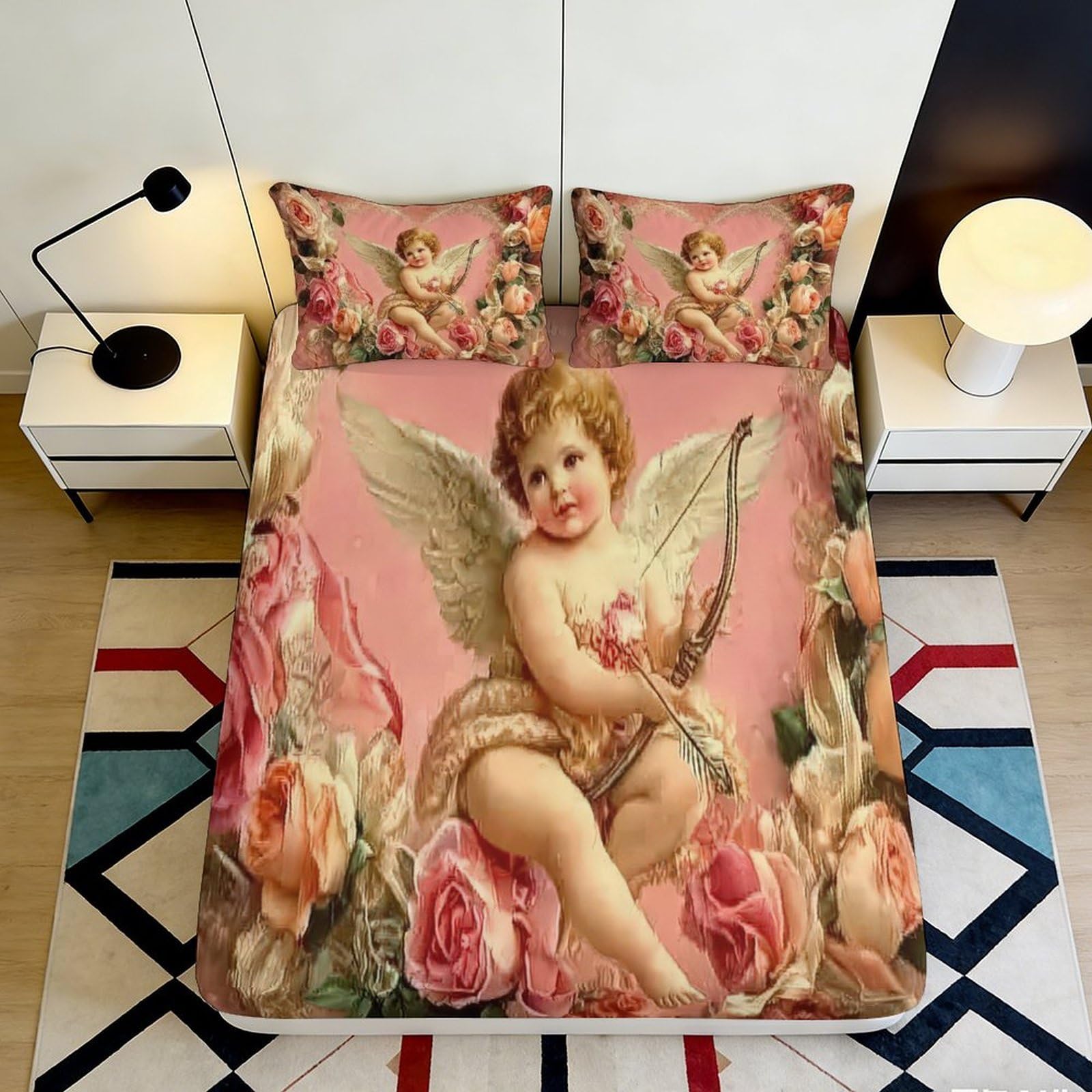 3D Printed Angel Rose Fitted Sheet Microfiber Deep Pocket Elastic All-round Angel Rose Mattress Fitted Cover Washable for Bedroom 140x200x25cm