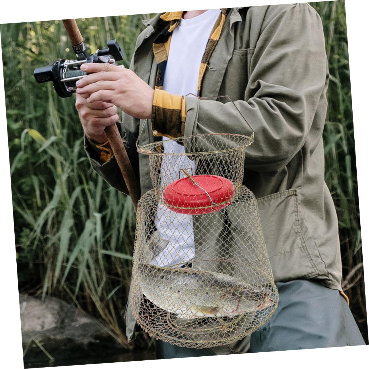 VANZACK Bourriche de Pêche Pliable en Fer, Panier Rond Polyvalent pour Poissons et Crabes, Portable et Peu Encombrant Pêche