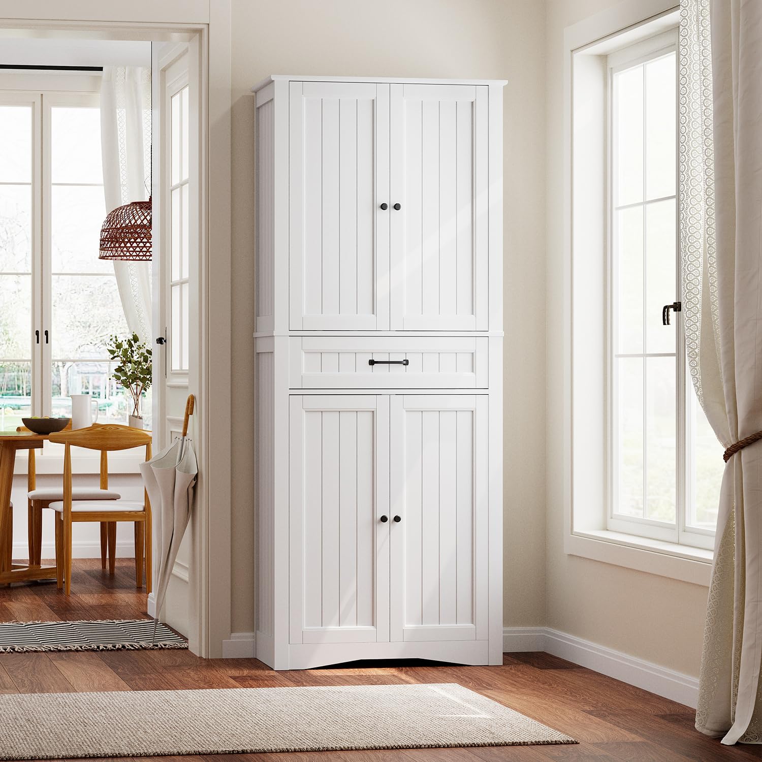 Buffet de Cuisine, Haute Crédence, Unité de Rangement avec 4 Portes et 1 Tiroir, Grande capacité, Étagères Réglables, pour Salon, Salle à Manger, Couloir, Style Moderne (72x40x182 cm) (Blanc)