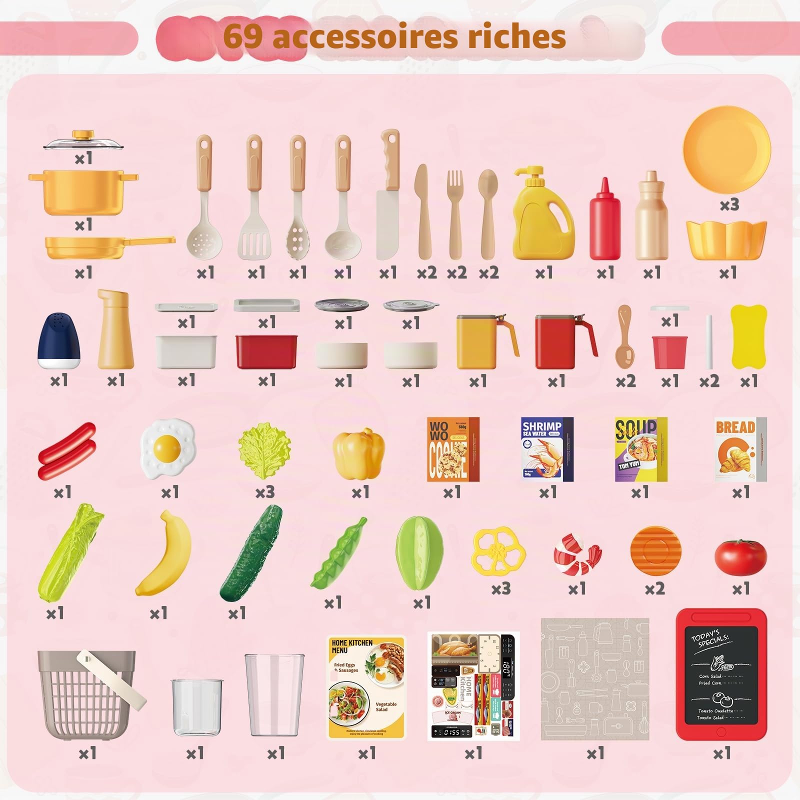 deAO Cuisine pour Enfants 69 Pièces avec Lumière, Son, Effet Flamme(Rouge)
