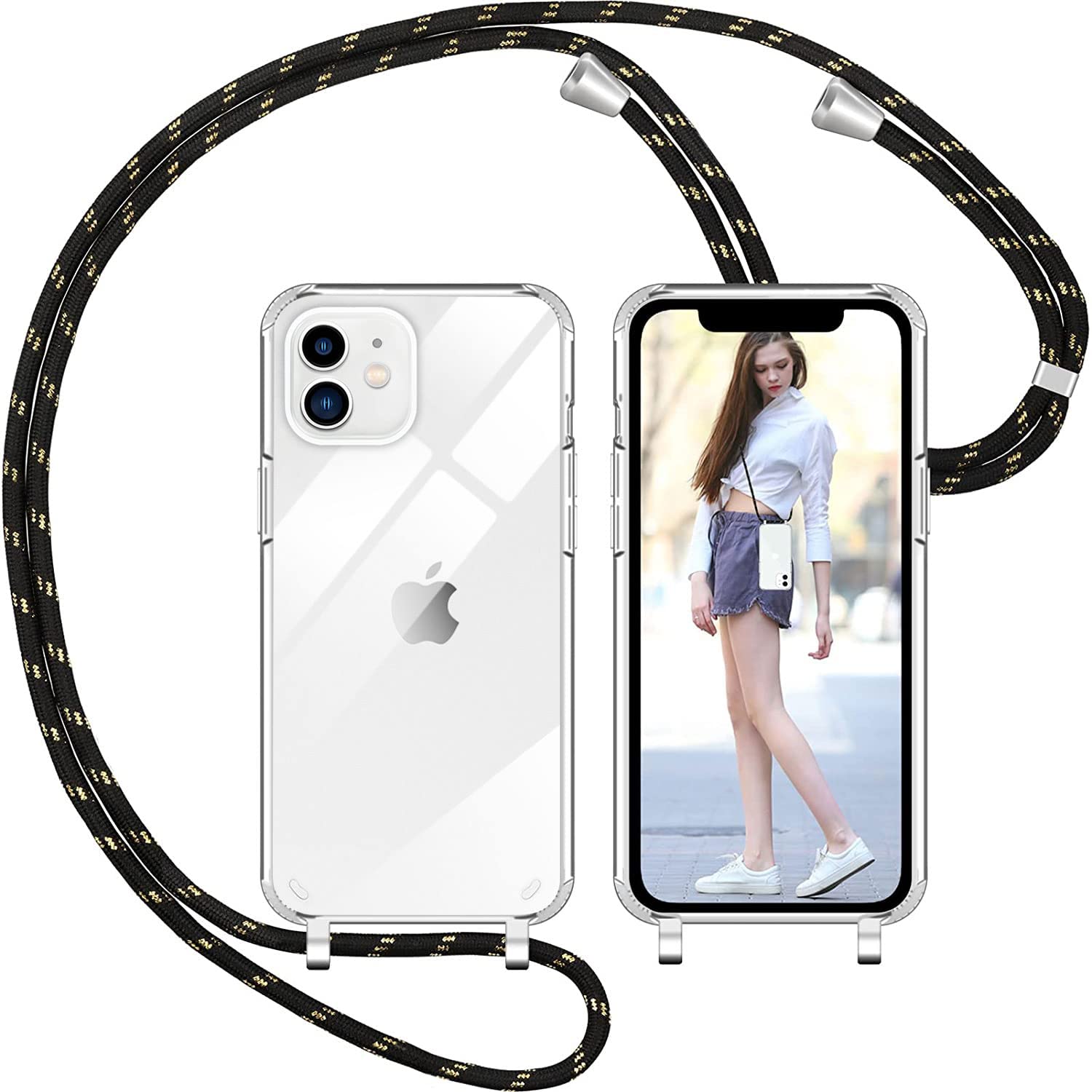 Collana con Cordino Custodia per iPhone 12 PRO Max Cover Glitter Liquido Sabbie Mobili Custodia Tracolla Crossbody TPU Silicone Antiurto Necklace Case Liquido Quicksand Pendenza Custodia