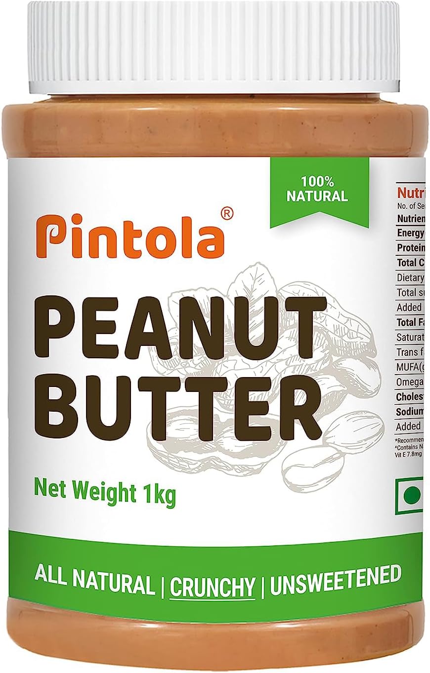 Pintola All Natural Peanut Butter (Crunchy) | Unsweetened | 30g Protein | Non GMO | Gluten Free | Vegan | Cholesterol Free (1kg)