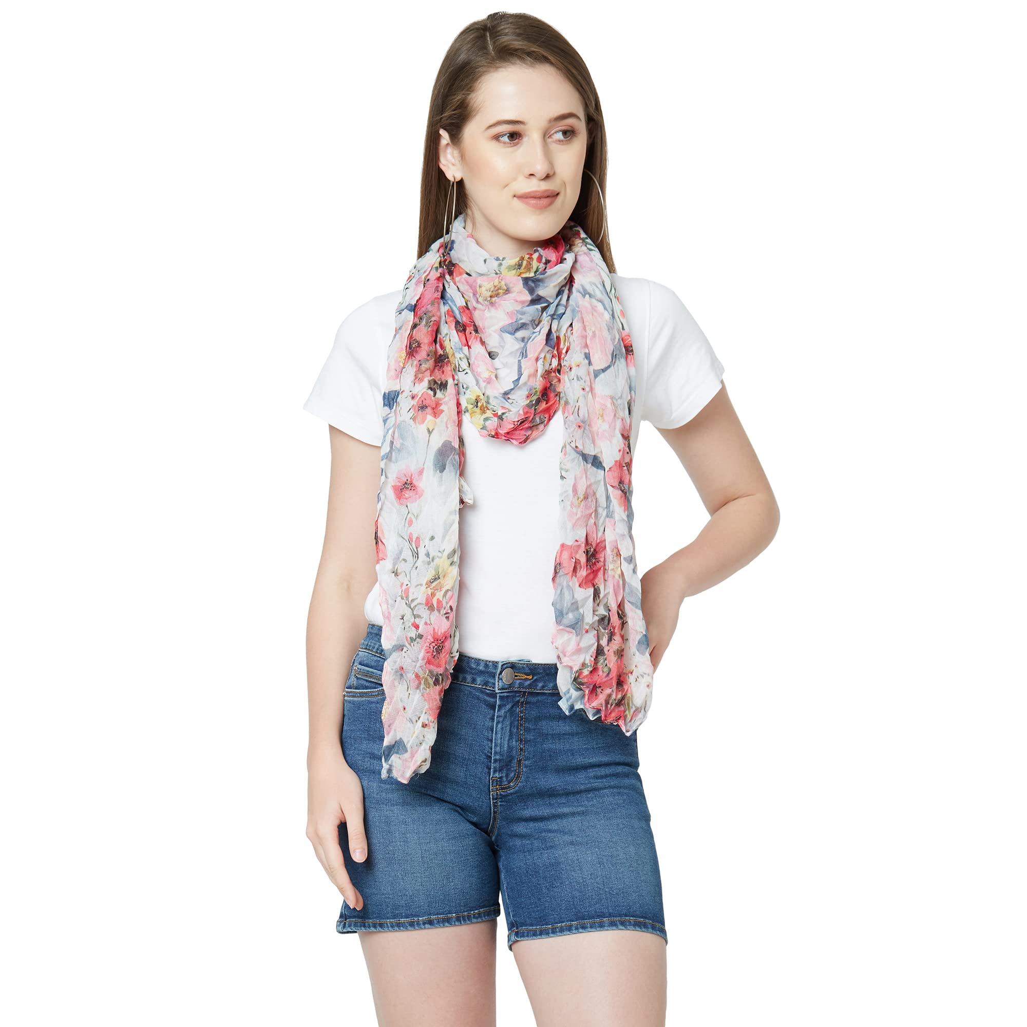 CLOTH HAUS INDIAPrinted Polyester Scarf for Women, Lightweight Soft Scarves Stoles for Summer & Winter (Size: 183 X 51 cm) Cream, Female
