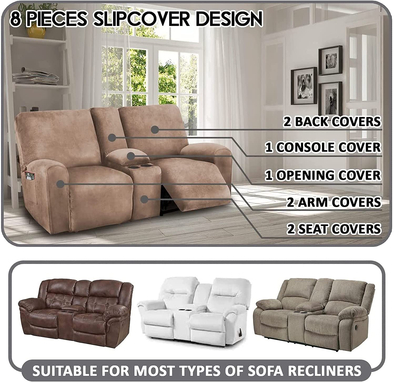 Klzzuk 8-Piece Recliner Loveseat Covers, Velvet Loveseat Reclining Sofa Slipcovers with Middle Console, Stretch 2 Seater Loveseat Reclining Couch Covers for Living Room (Color : Camel)