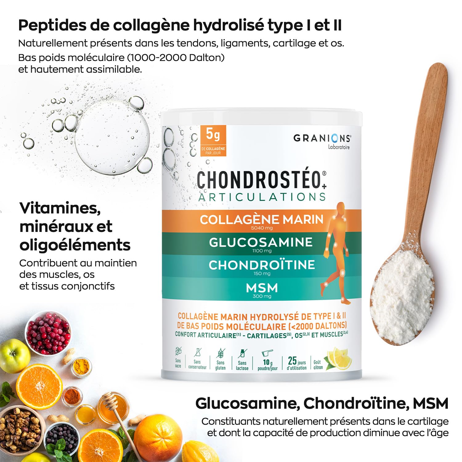 GRANIONS - Collagene Marin Poudre - CHONDROSTEO + Articulations - glucosamine chondroitine msm - collagene articulations - Glucosamine Chondroitine - msm - Goût citron - 250 g