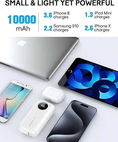 Miniatura 4 de Ayeway Cargador portátil de 10000 mAh, cargador de batería externa para teléfono con 2 cables integrados, USB C PD de 20 W, carga rápida, paquete de