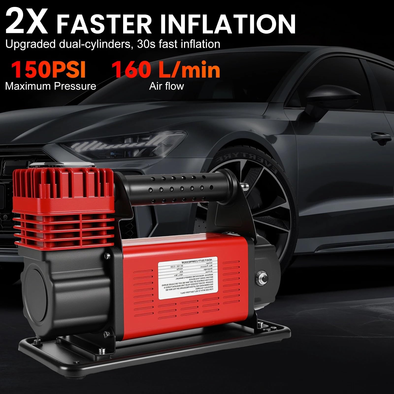 pompka do opon Inflator opon Kompresor Sprężarka powietrza Dwucylindrowa pompa powietrza 150PSI do samochodów ciężarowych Pasuje do samochodów i rowerów Przenośne kompresory powietrza