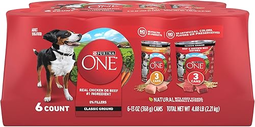 Purina ONE - Paté natural, Paquete variado de comida húmeda enlatada para perros, SmartBlend Chicken Entree & Beef Entree - (6) latas de 13 oz.