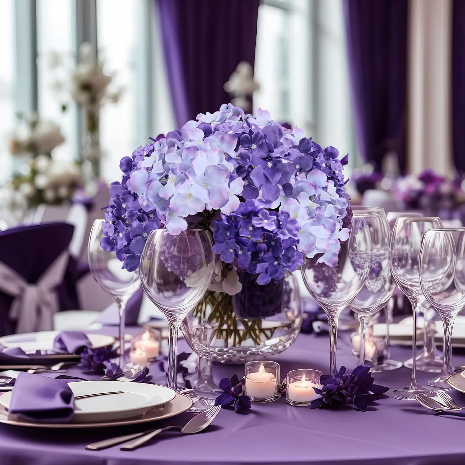 Yunsailing 100 Pcs Artificial Hydrangea Flowers Hydrangea Flower Heads with Stems Silk Faux Flowers for Wedding Centerpiece Fake Bouquet Home Indoor Garden Party Decoration (Dark Light Purple) - Image 4