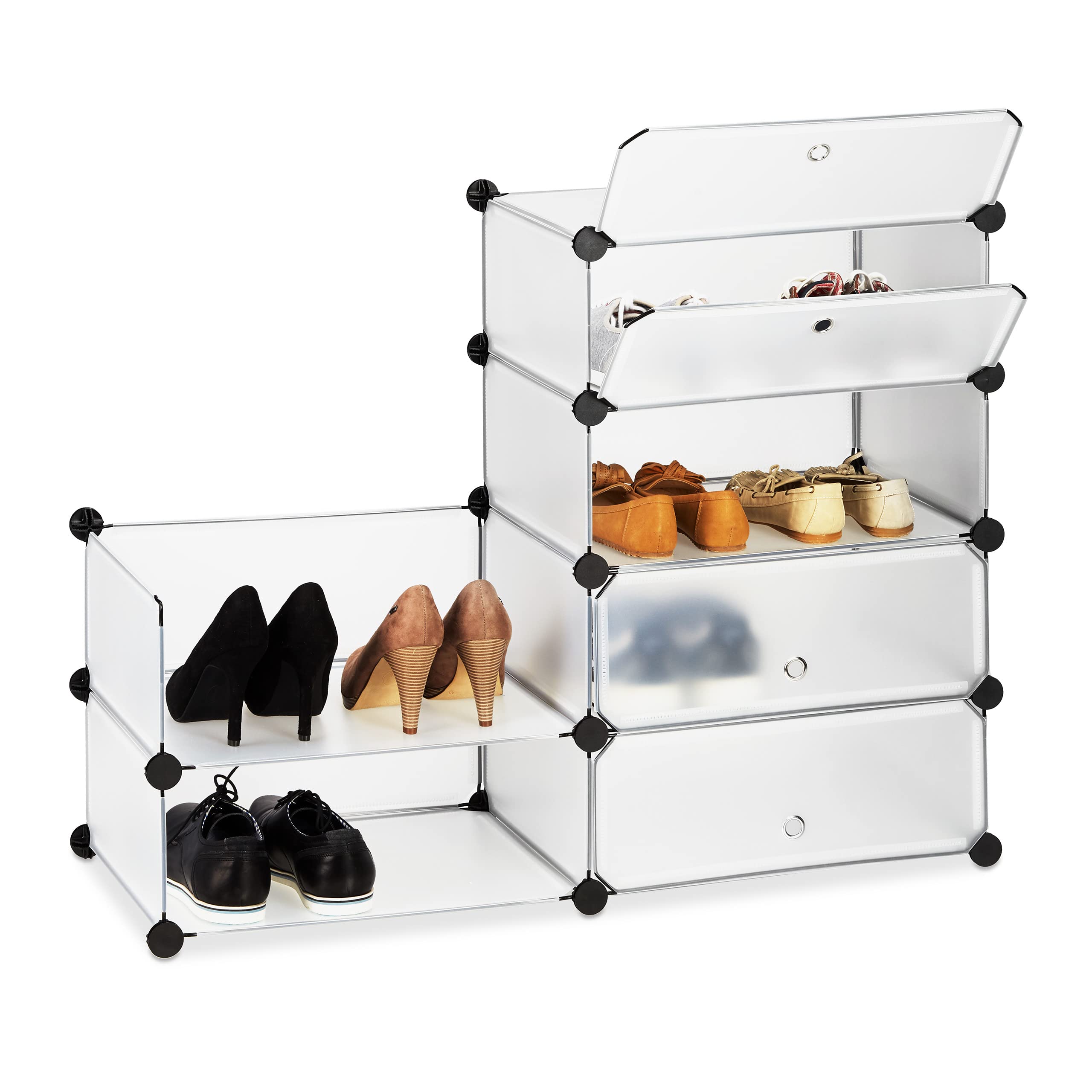 Relaxdays Szafka na buty z tworzywa sztucznego, regał na buty zamknięty, system regałów, 6 przegródek, wys. x szer. x gł. 107 x 49 x 37 cm, przezroczysta