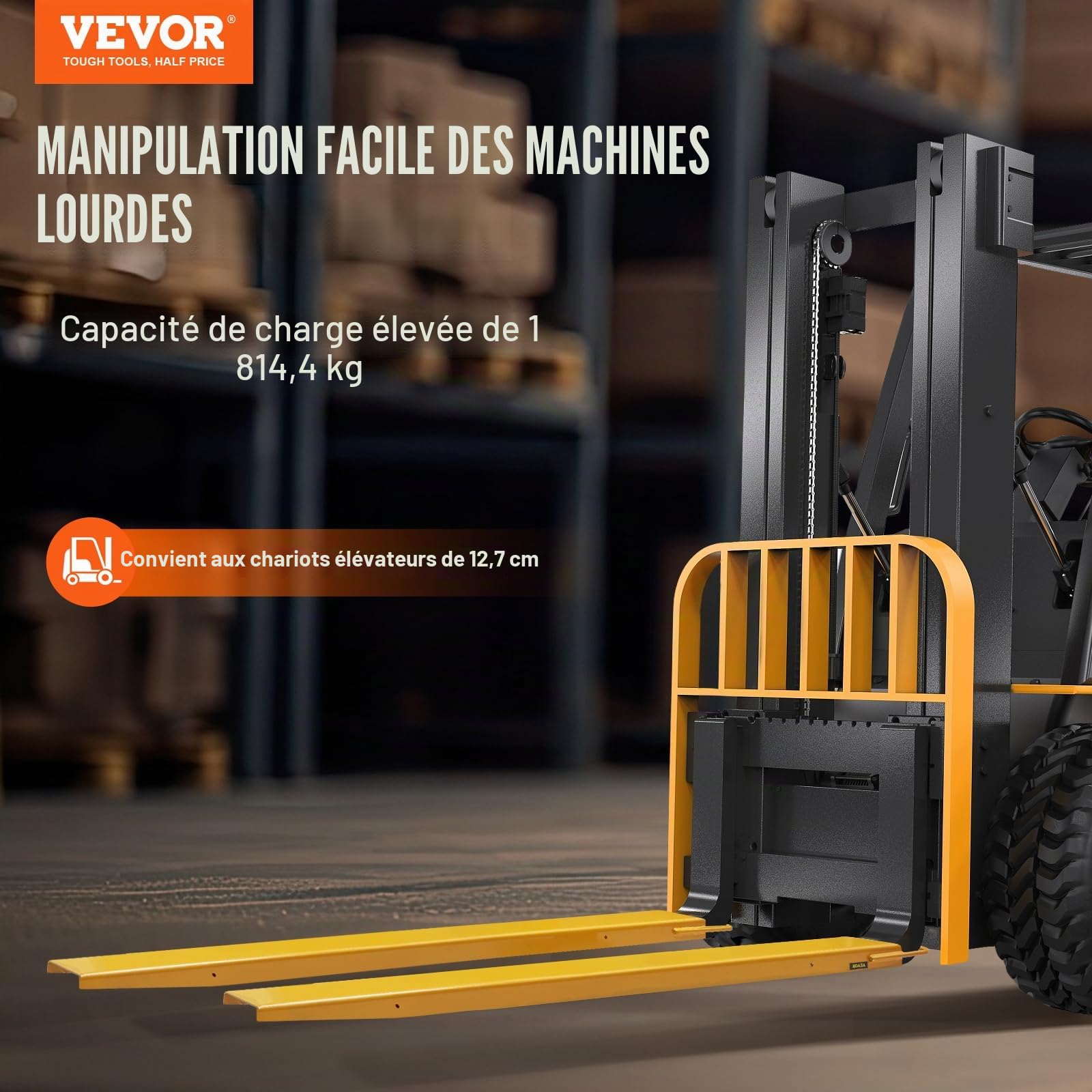 VEVOR Rallonges de Fourches à Palette 1820x140 mm Extensions de Fourche pour Chariot Élévateur Industriel 1 Paire Acier au Carbone Robuste pour Déplacer et Transporter Charges Volumineux Lourds, Jaune