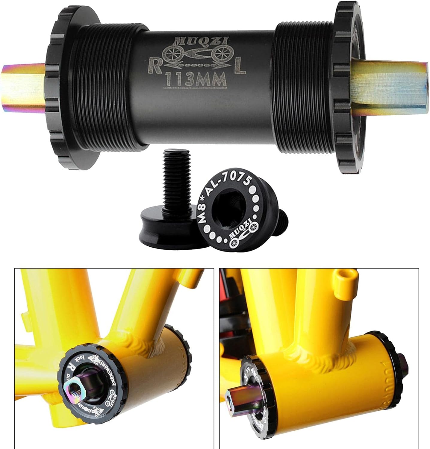 High Strength Titanium Alloy Bike Bottom Bracket Set with Square Hole Screws - Super Moist & Corrosion , Easy Installation - for Road, Mountain, Folding Bikes - Square Tapered - 113mm Black