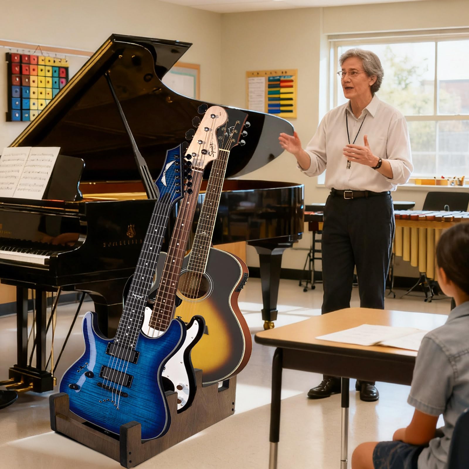 Soporte de madera para guitarra, soporte para guitarra de tres niveles, soporte de suelo para guitarra eléctrica, guitarra acústica/bajo, soporte para instrumentos musicales para estudio