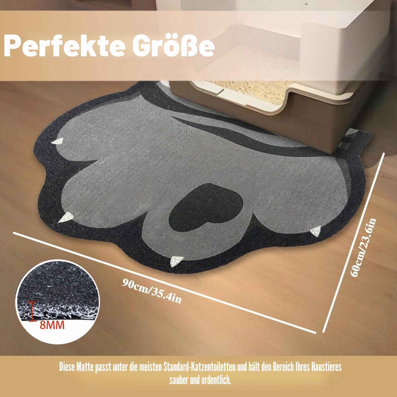 Katzenstreu Matte, 90 x 60 cm Katzenklo Matte Groß für Katzenklo, rutschfest und wasserdicht Katzentoilette Matte, leicht zu reinigen, niedliche weiche PVC Katzenklo Unterlage, Grau