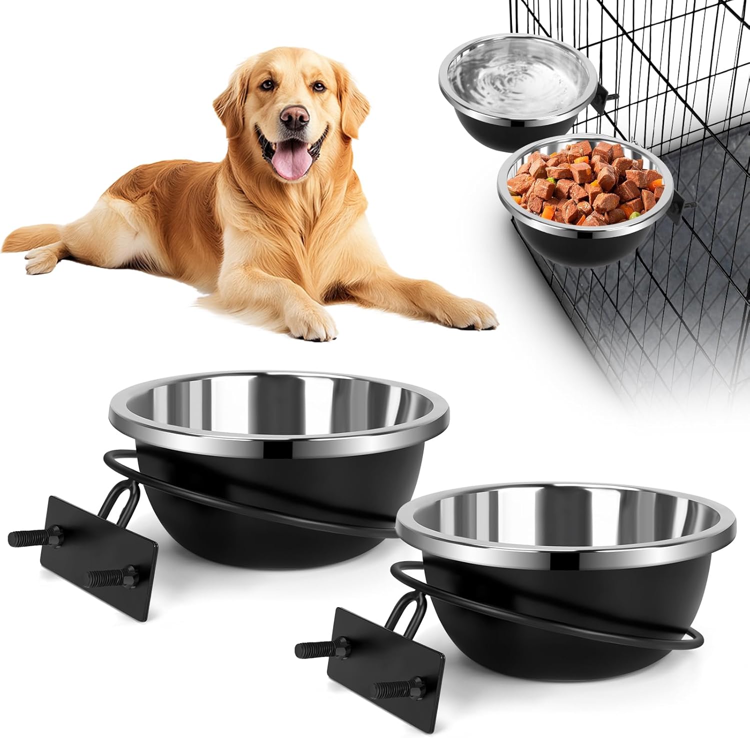 Dog Kennel Bowls, Set of 2 Heavy Duty Metal Food and Water Bowl for Feeding Dogs and Cats, Removable Stainless Steel Hanging Dog Bowls for Kennel Large and Medium Dogs, 56oz