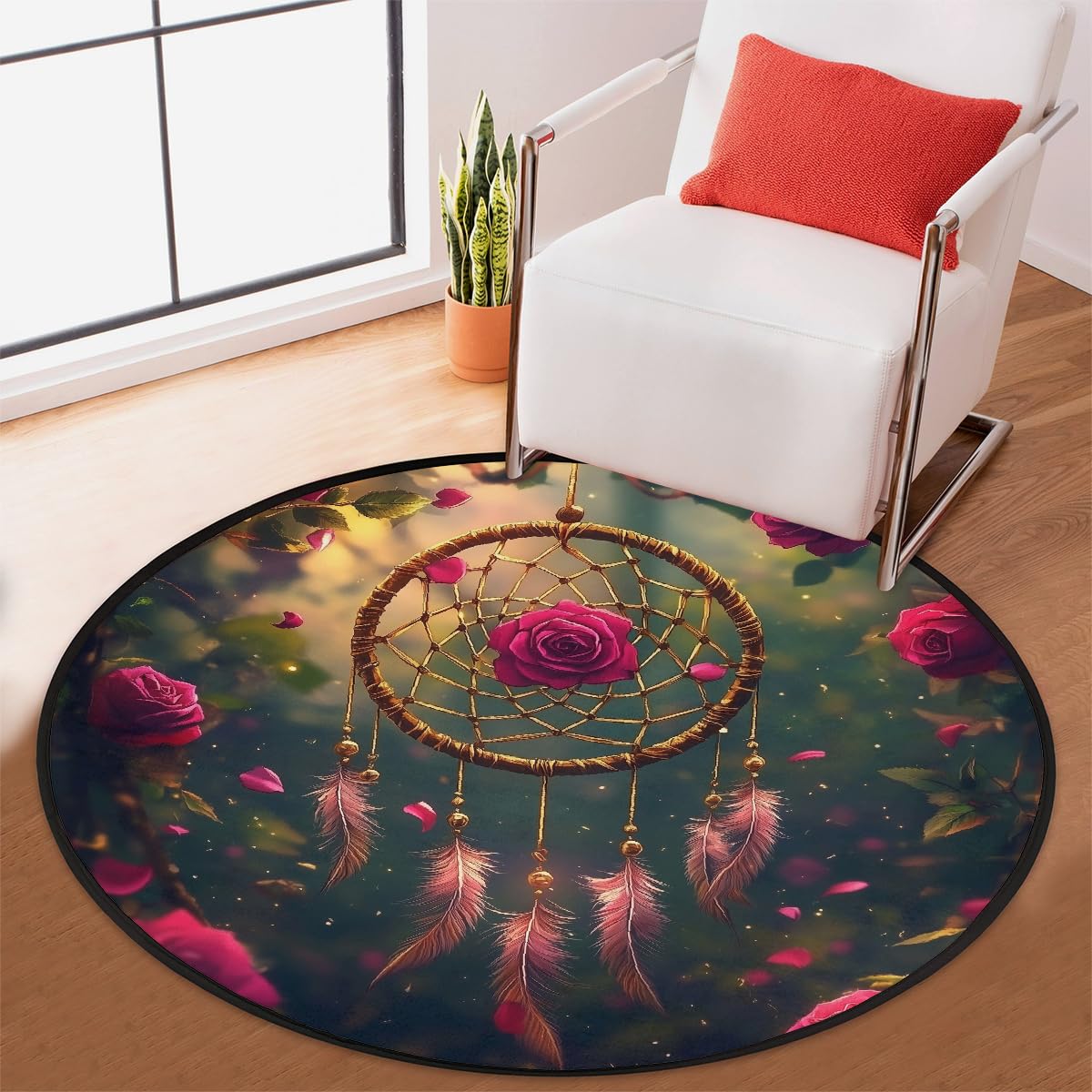 Rose Forest Traumfänger-Teppich, rund, waschbar, Gaming-Teppich für Schlafzimmer, Wohnzimmer, Arbeitszimmer, Bodenmatte, 160 cm