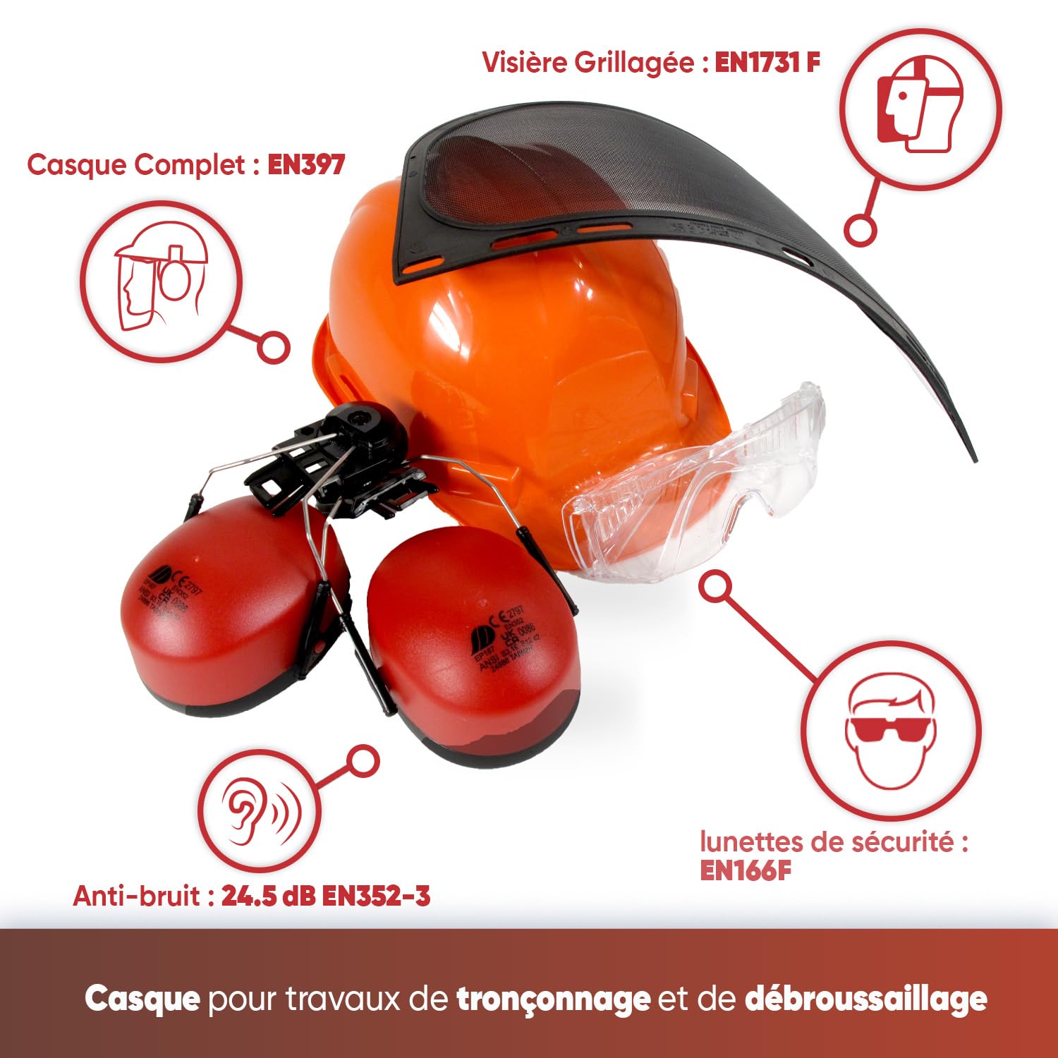 OZAKI - Casque Forestier Professionnel pour Tronçonnage & Débroussaillage - avec Protection Anti Bruit 25dB, Visière Grillagée Classe F 45m/s et Lunettes