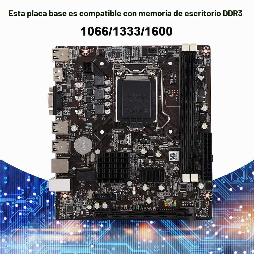 Placa Base DDR3, Placa Base H81 LAG1150 PC CPU con SATA 2.0 y Ranura para Tarjeta gráfica PCI-E x16 Compatible con Salida Dual VGA + HDMI Compatible con Memoria de Escritorio DDR3 1066/1333/1600