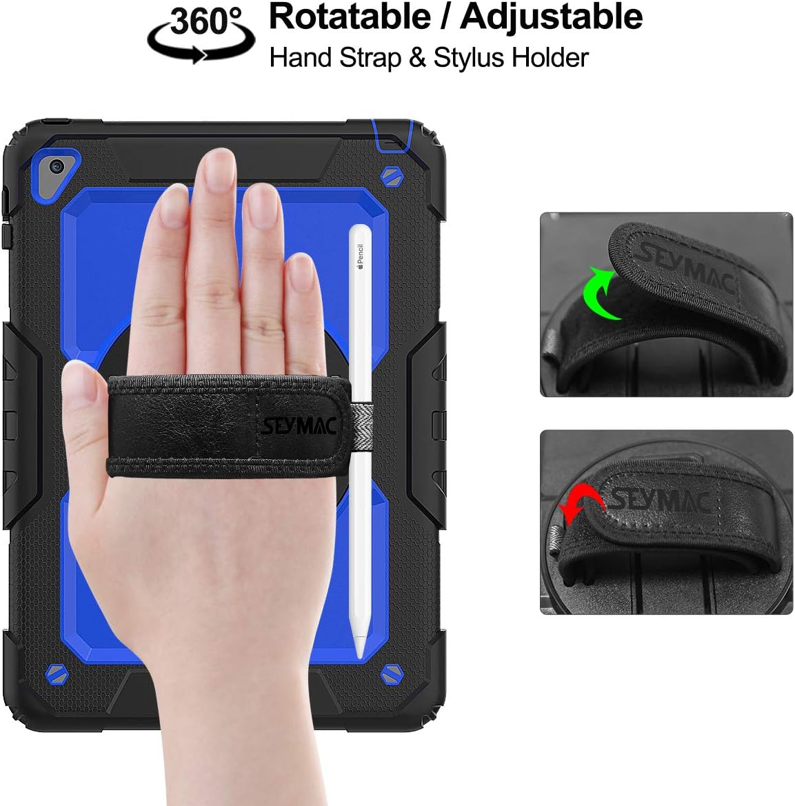 SEYMAC stock iPad 6th/5th Generation Case 9.7’’ with Screen Protector Pencil Holder [360 Rotating Hand Strap] &Stand, Drop-Proof Case for iPad 6th/5th/ Air 2/ Pro 9.7 (Blue+Black)