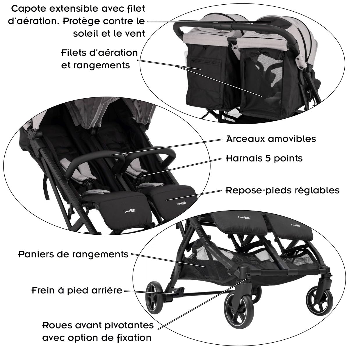 ACTIVE TWIN Poussette jumeaux ou enfants rapprochés largeur 74 cm Gris