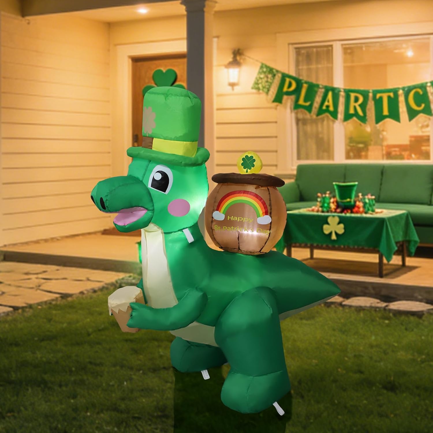 HZGDEJTG 4FT St. Patrick's Day Dinosaur Outdoor Inflatable Decoration, with LED Lights, Suitable for Gardens, patios, and lawns.