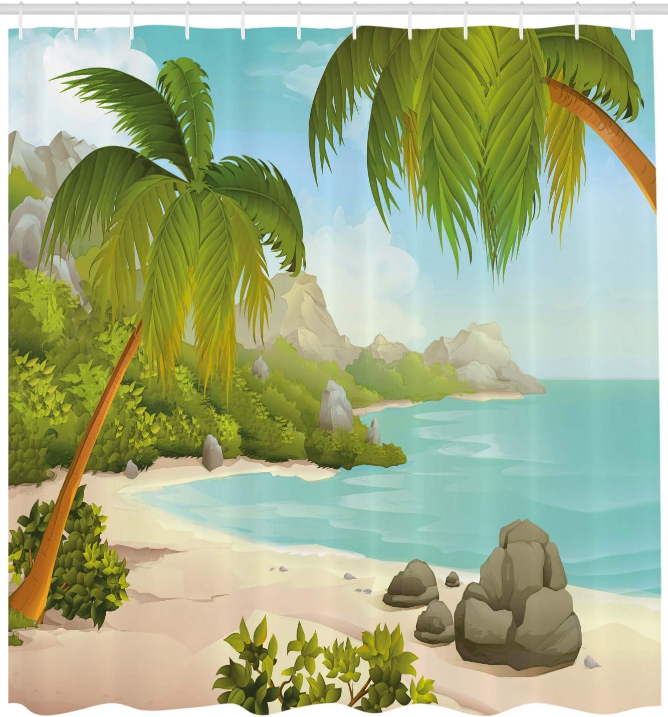 Ambesonne Tropical Shower Curtain, Exotic Beach with Coconut Palm Trees and Rocks Journey Oceanic Coastal Design, Cloth Fabric Bathroom Decor Set with Hooks, 69" W x 75" L, Aqua Green
