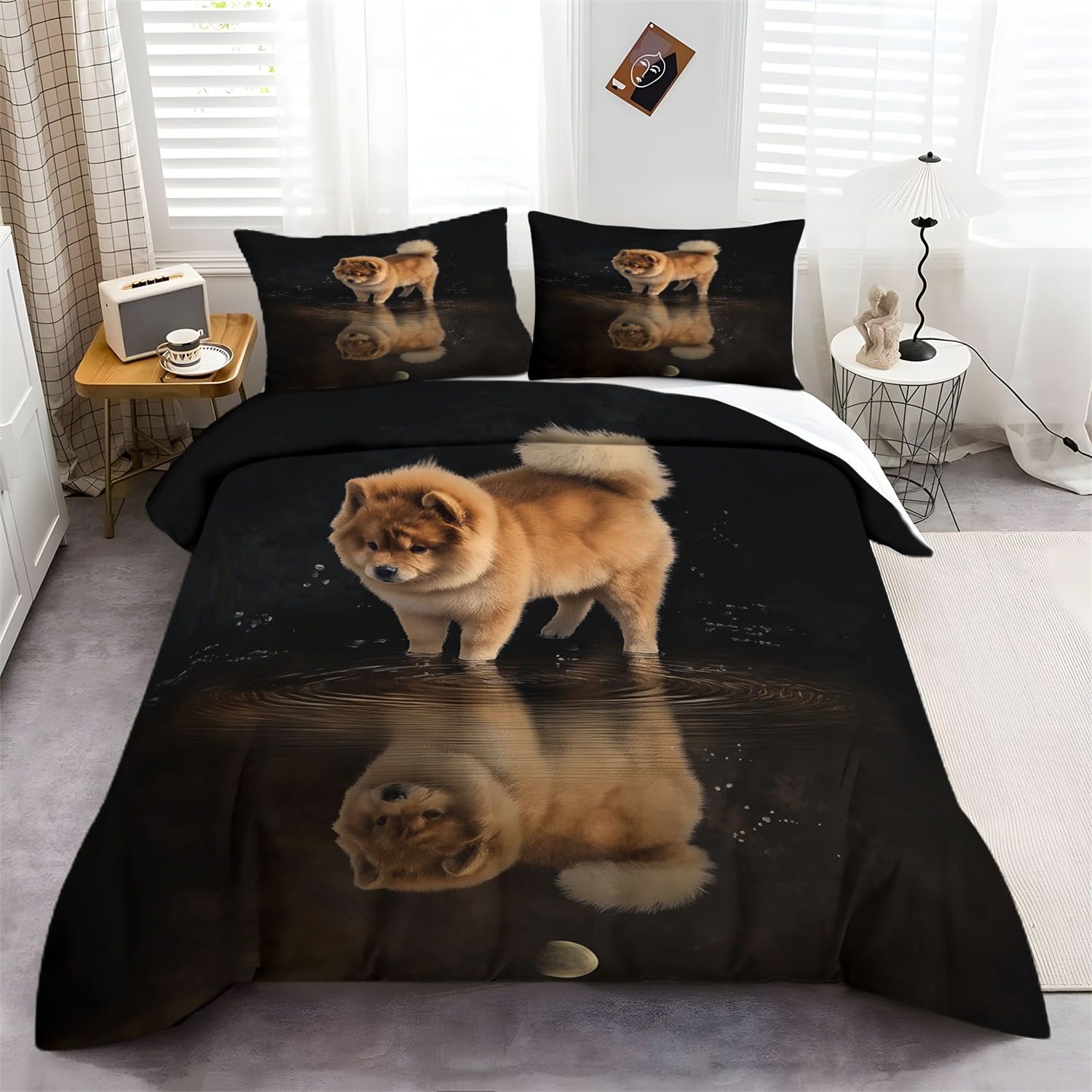Zestaw poszewek na kołdrę z nadrukiem zwierzęta chow chow szczeniak zestawy pościeli z poszewkami na poduszki 260 x 220 cm, polibawełna, luksusowa poszewka na kołdrę dla chłopców - zestaw pościeli dla