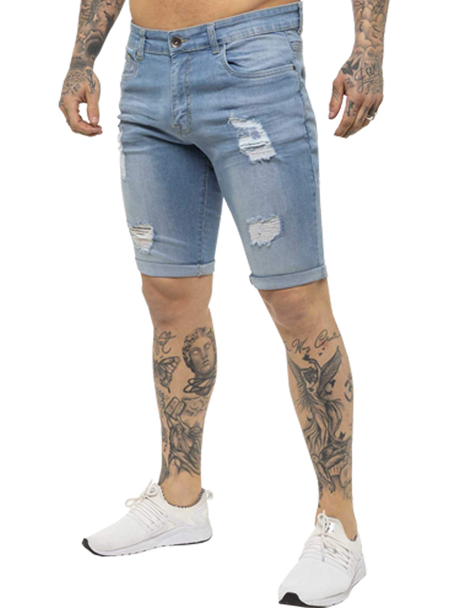 Enzo Men's Light Blue Ezs383 Jeans Denim Shorts Skinny Fit Distressed Stonewash Ripped Half Pants 36