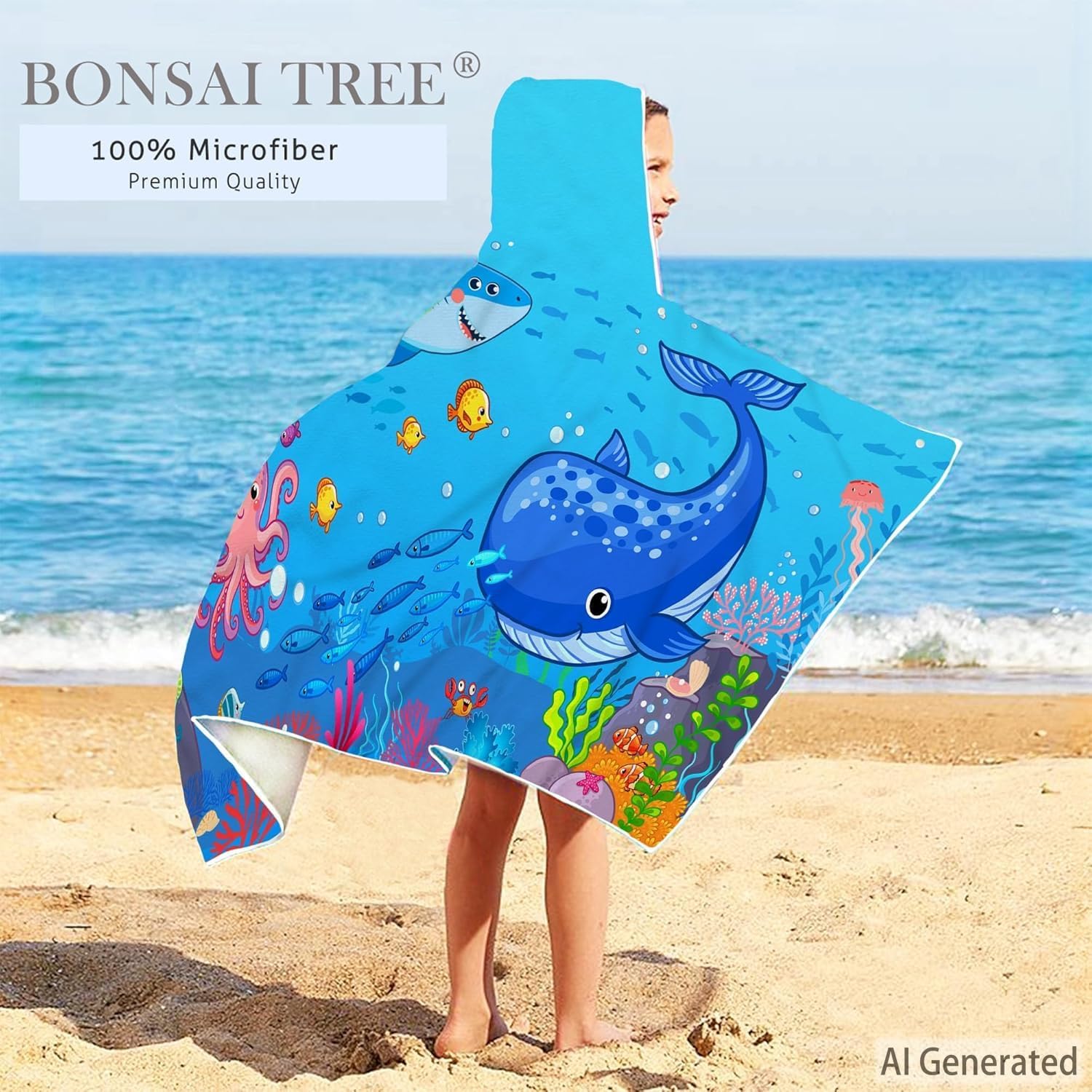 Bonsai Tree Blue Sea World - Toalla de playa con capucha para niños, bonita toalla de baño con capucha, microfibra súper absorbente, suave, poncho para piscina, 30 x 50 pulgadas