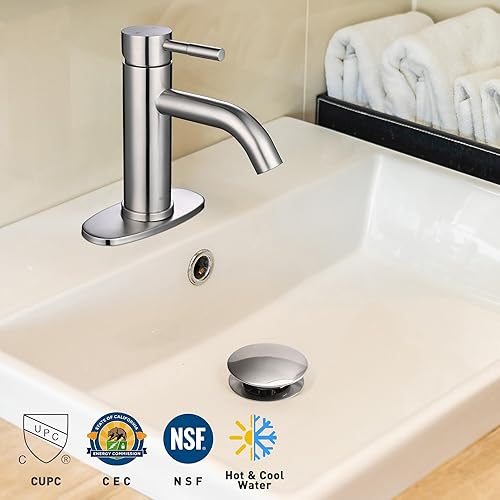 Miniatura 2 de Aquaterior Grifo de baño de una sola manija para fregadero de baño, grifo de níquel con drenaje emergente para caravana, montaje en cubierta, 1