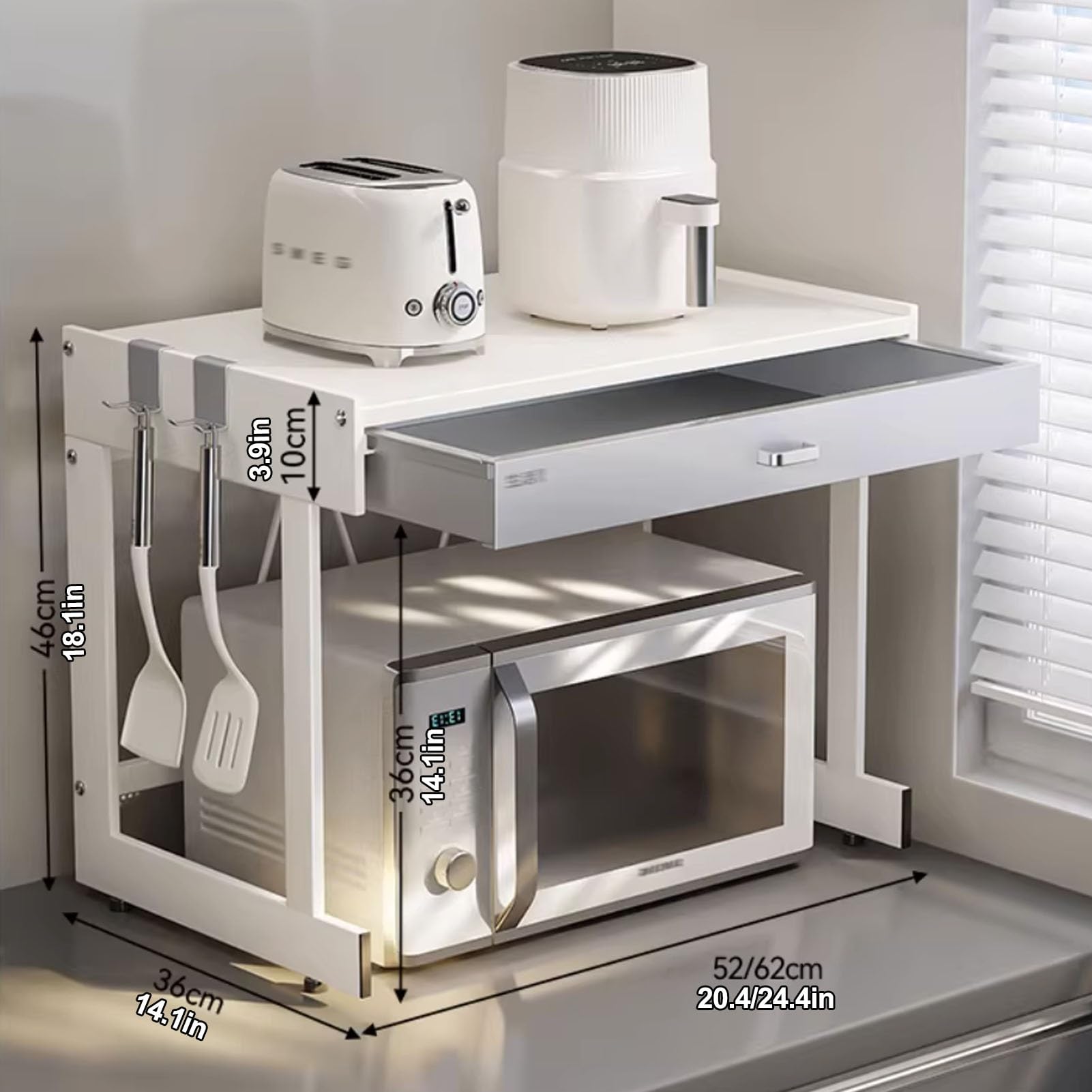 3 Livelli Mensola Microonde, Scaffale Per Microonde con Cassetto, Supporto Per Microonde con Spazio Contenitore Per Ingresso E Soggiorno(Off-white+Gray,L52cm/20.4'')