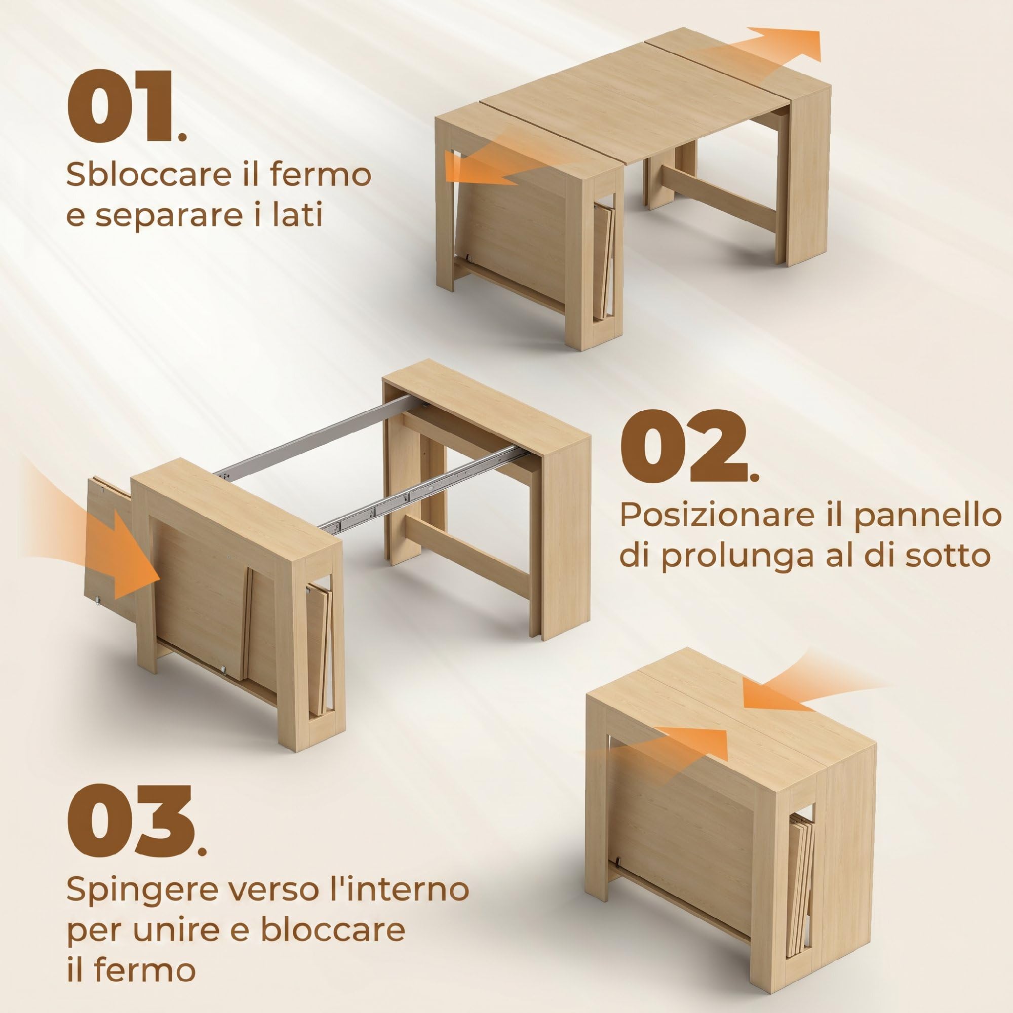 HOMCOM Tavolo da Pranzo Allungabile 48-240x90cm per 10 Marrone Chiaro | Tavolo Consolle Allungabile Rettangolare Salvaspazio, 4 Prolunghe, Soggiorno Cucina, Effetto Legno